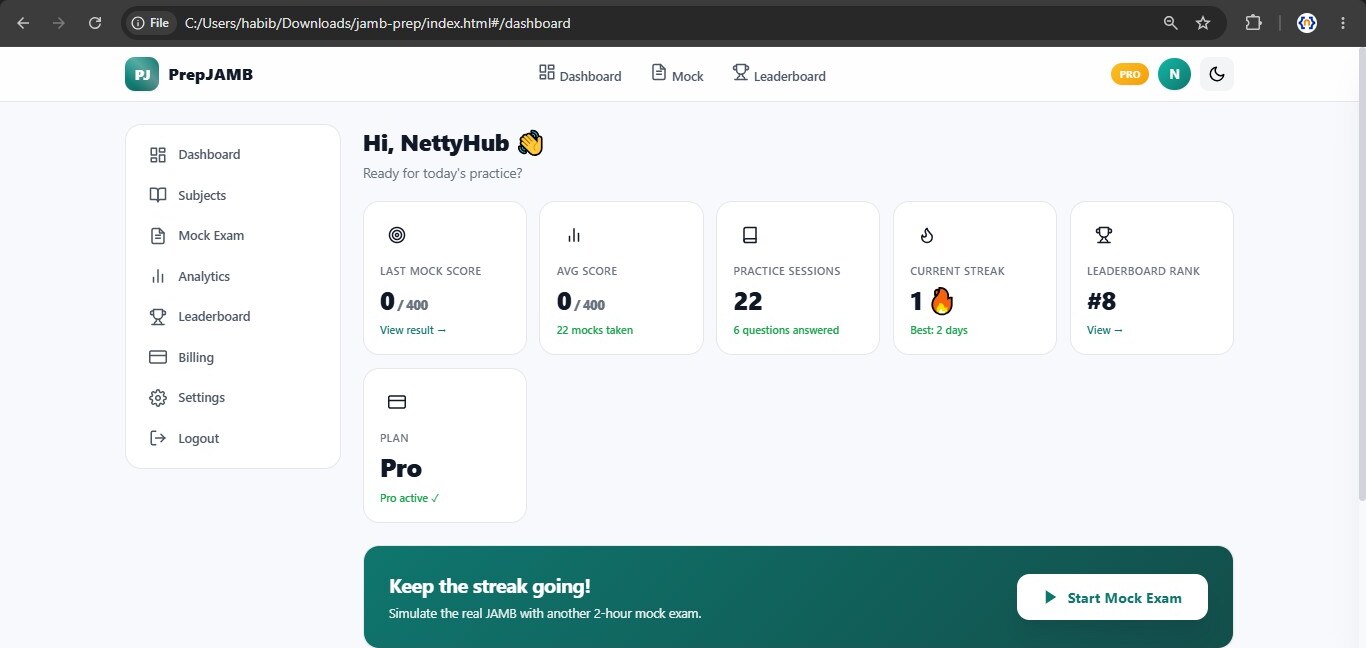 PrepJAMB dashboard screenshot